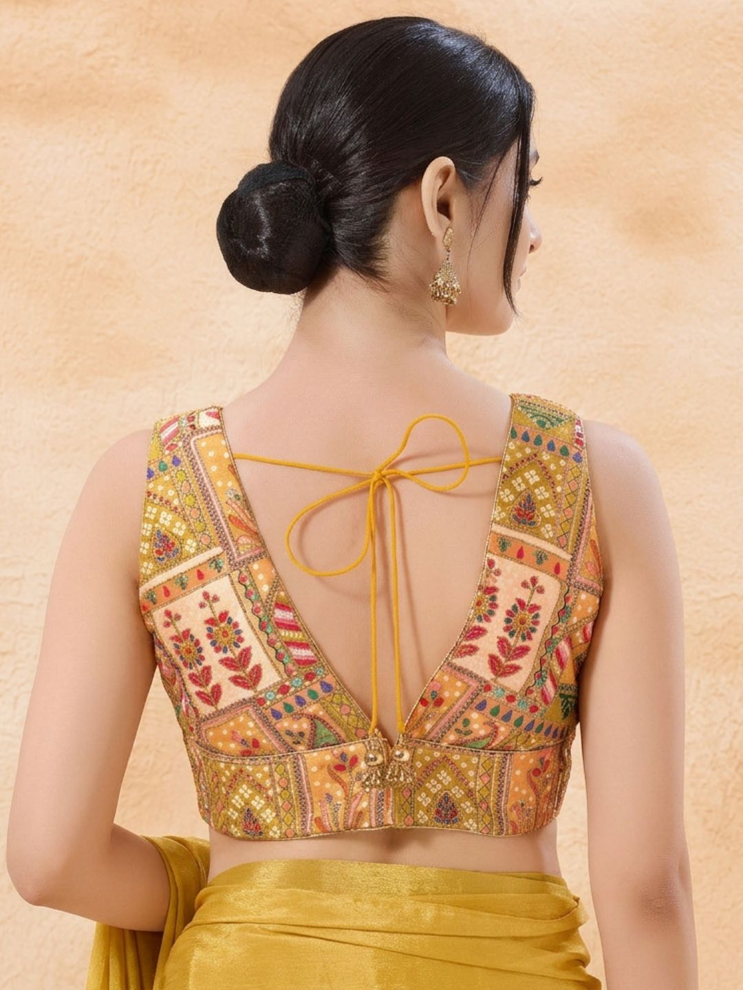 Yellow Silk Embroidered V Neck Saree Blouse