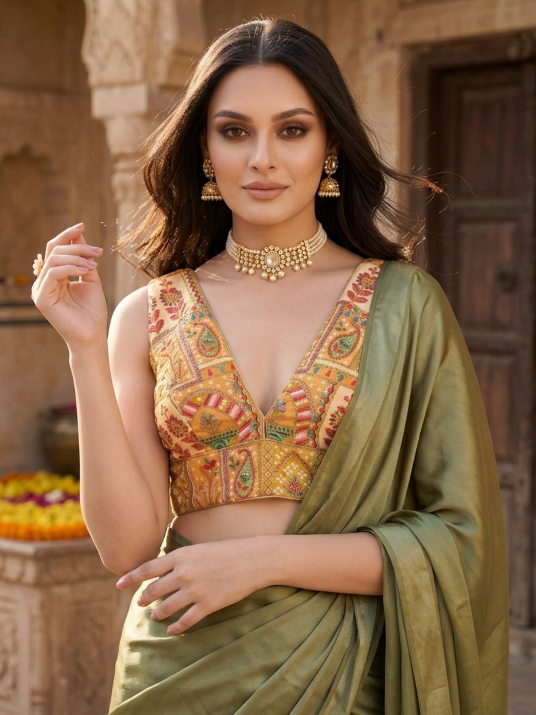 Yellow Silk Embroidered V Neck Saree Blouse