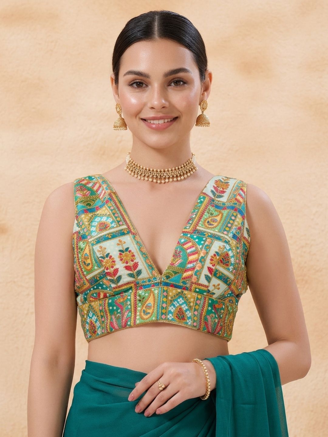 Green Silk Embroidered V Neck Saree Blouse