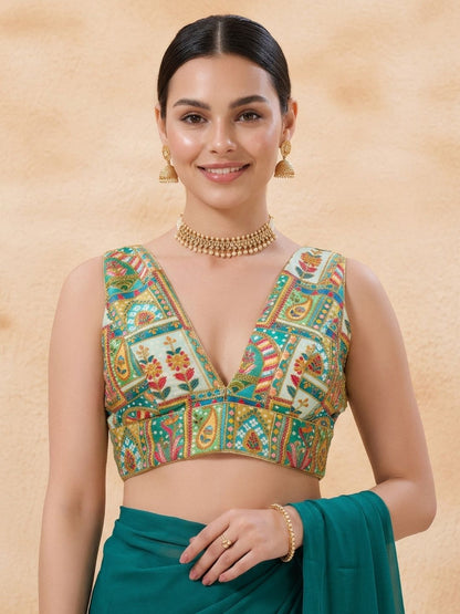 Green Silk Embroidered V Neck Saree Blouse