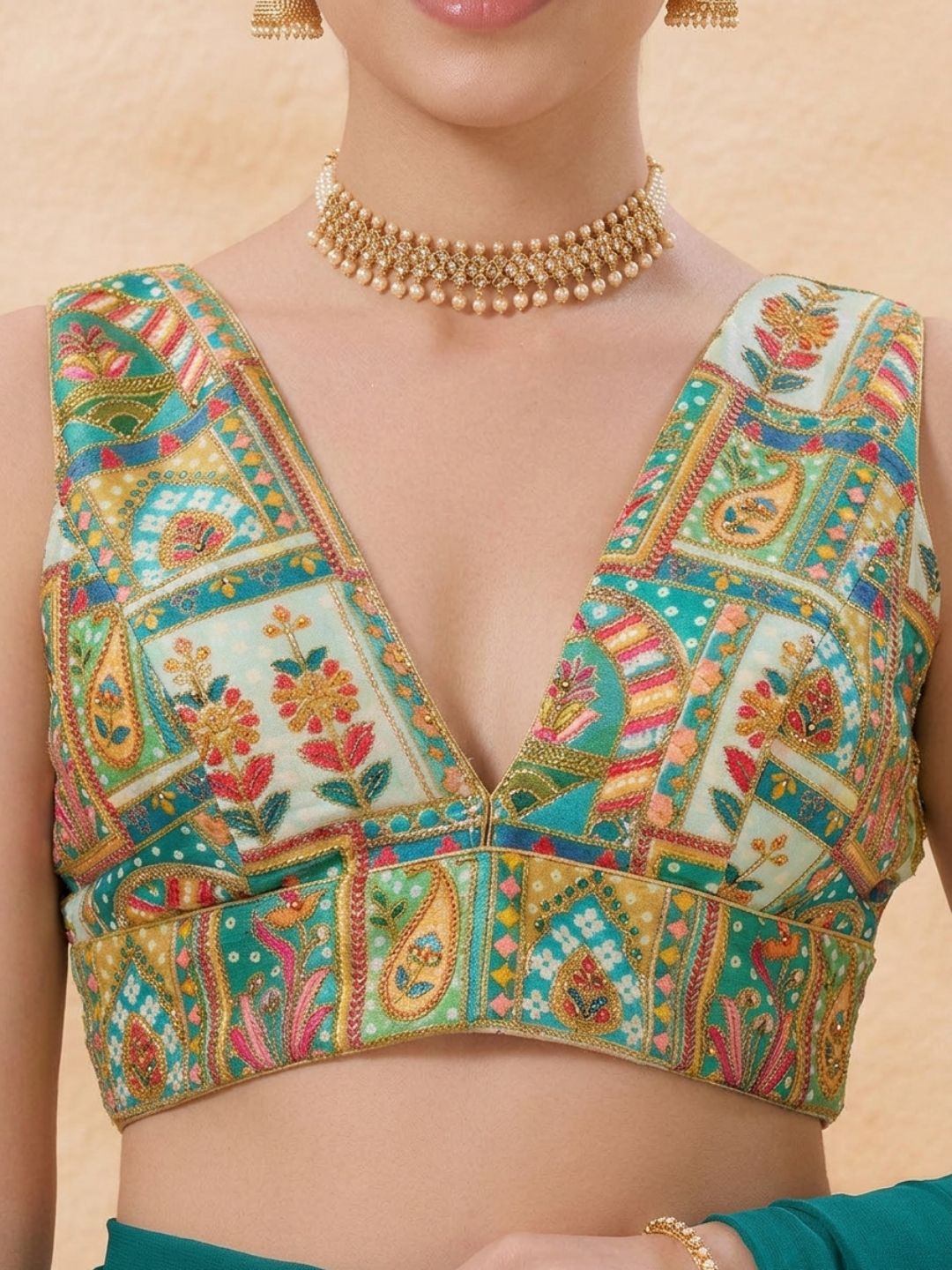 Green Silk Embroidered V Neck Saree Blouse