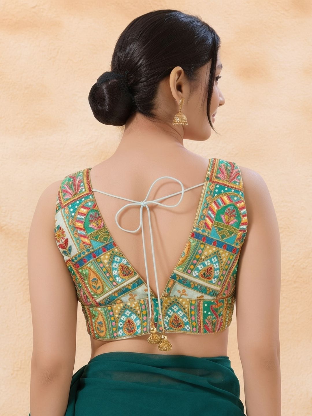 Green Silk Embroidered V Neck Saree Blouse