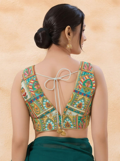 Green Silk Embroidered V Neck Saree Blouse