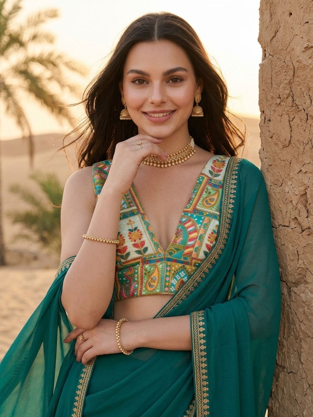 Green Silk Embroidered V Neck Saree Blouse