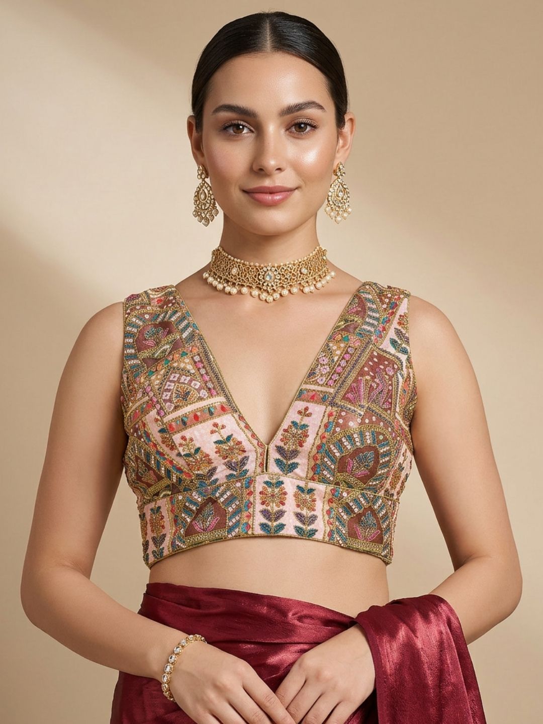 Brown Silk Embroidered V Neck Saree Blouse