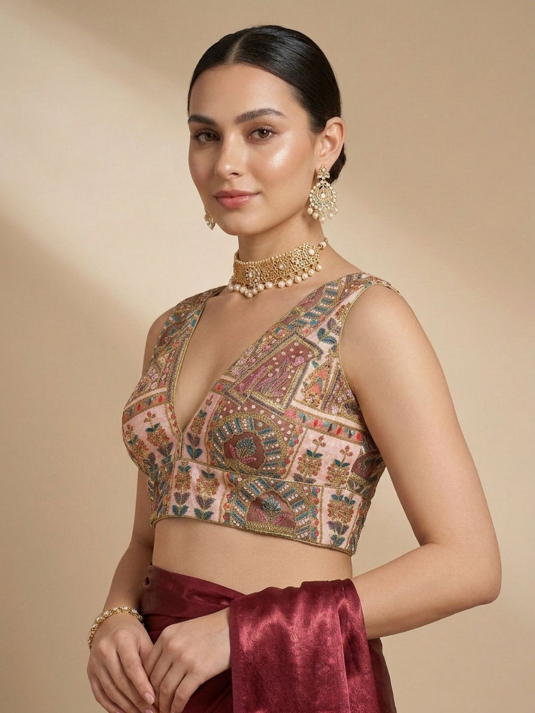 Brown Silk Embroidered V Neck Saree Blouse