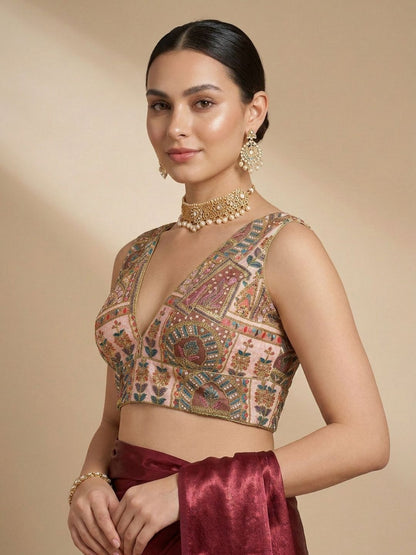 Brown Silk Embroidered V Neck Saree Blouse