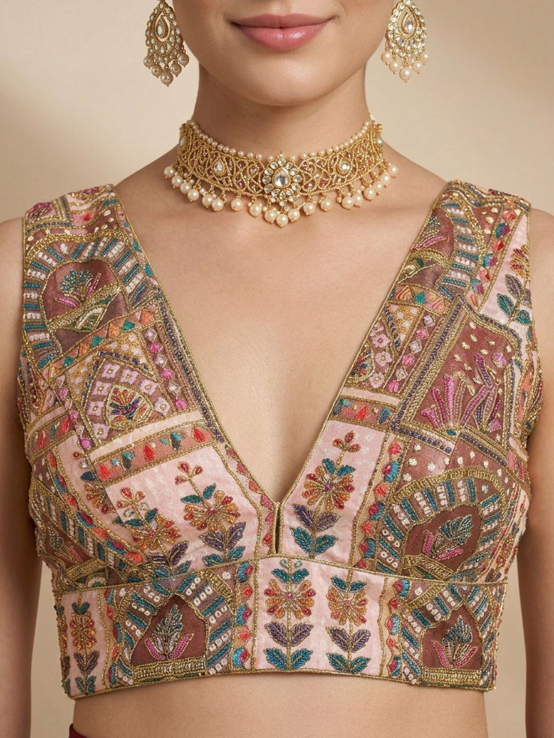 Brown Silk Embroidered V Neck Saree Blouse