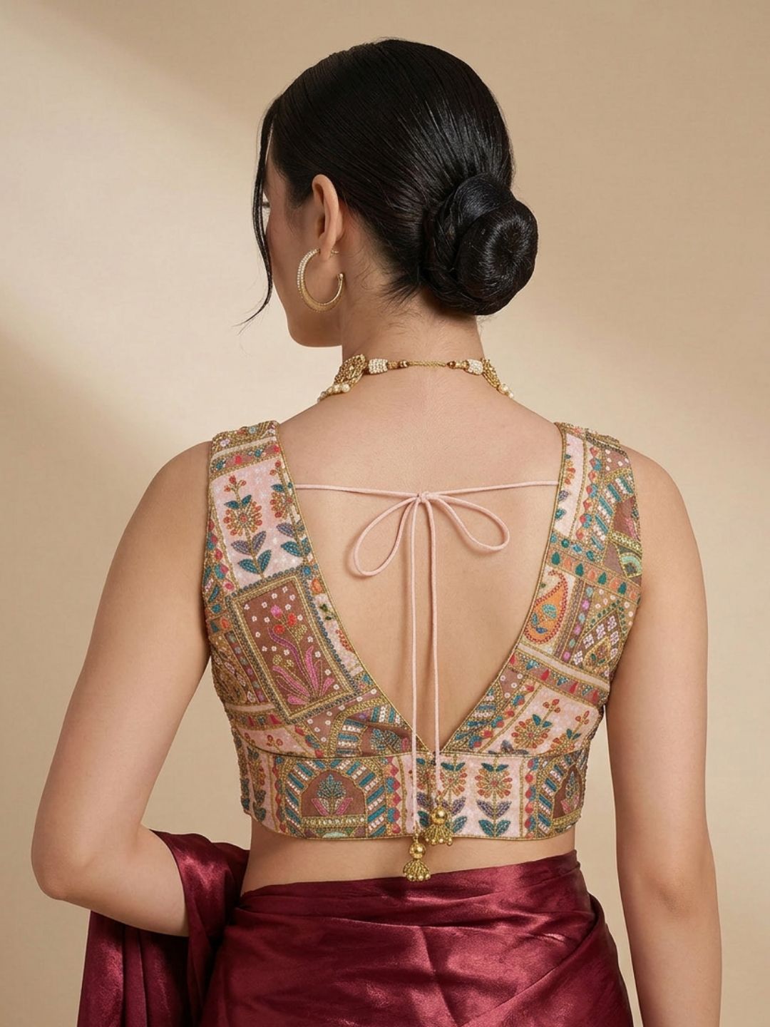 Brown Silk Embroidered V Neck Saree Blouse