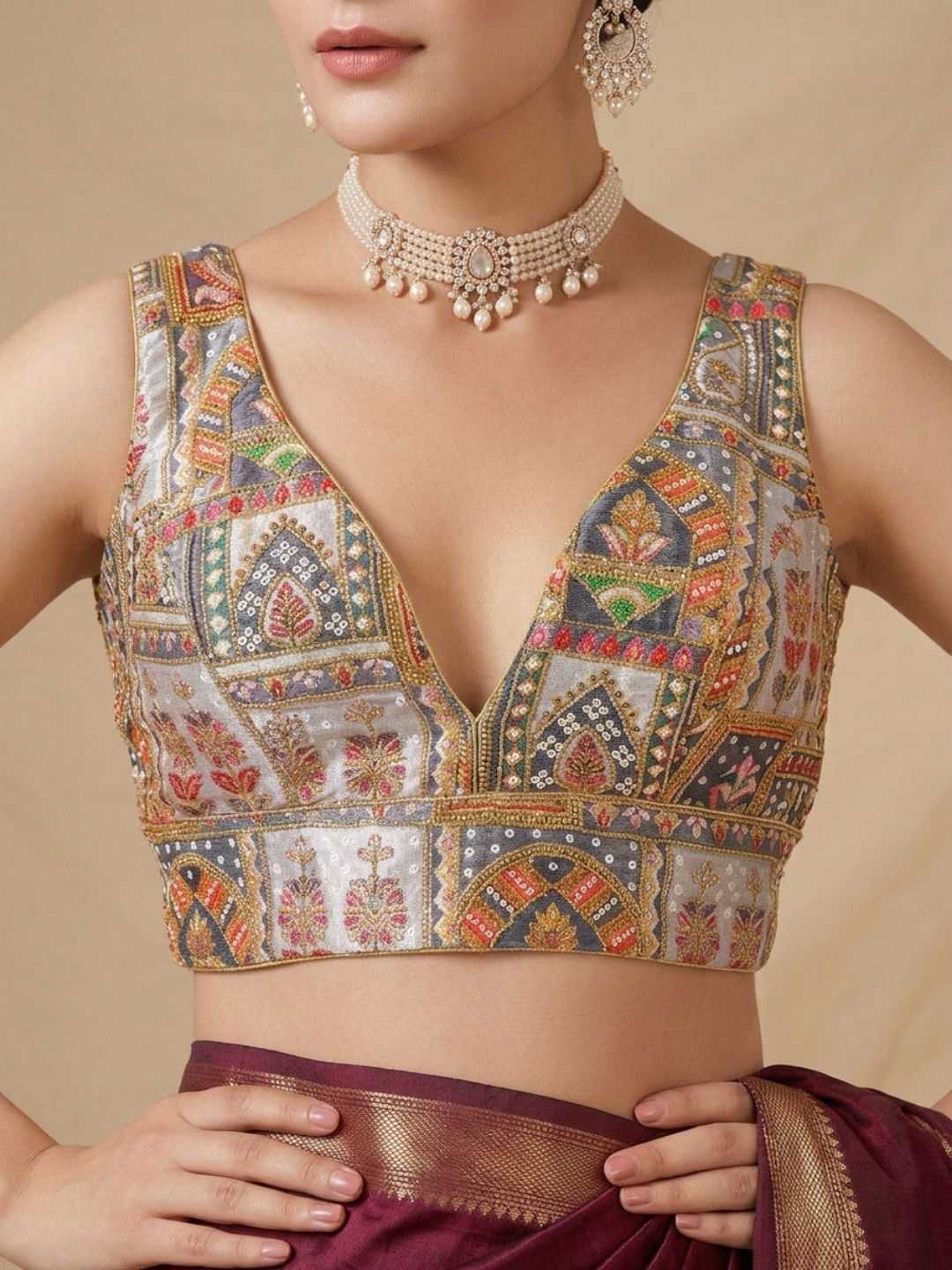 Grey Silk Embroidered V Neck Saree Blouse
