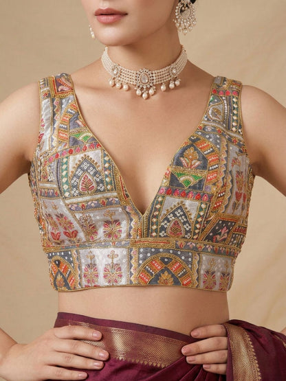 Grey Silk Embroidered V Neck Saree Blouse