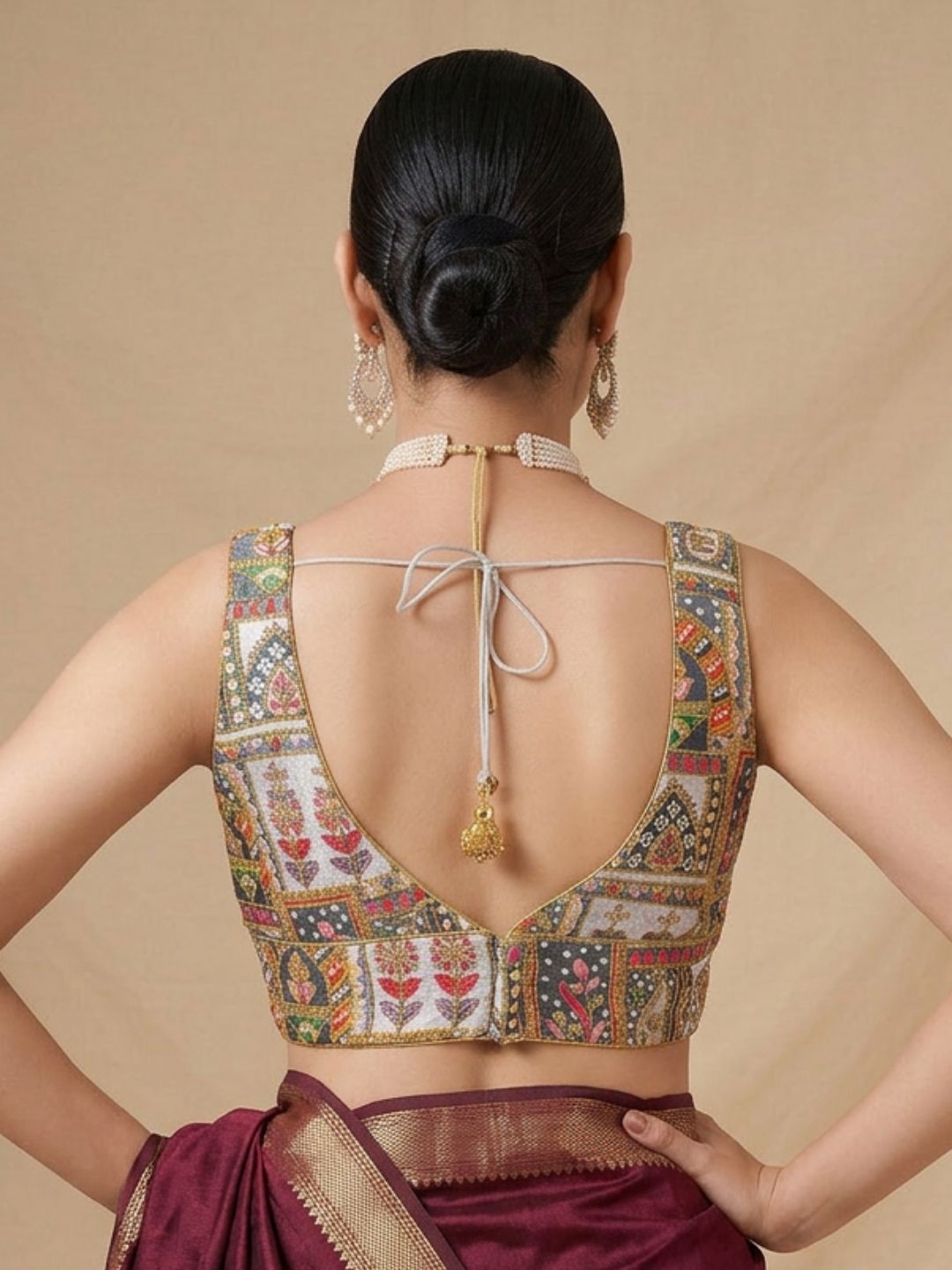 Grey Silk Embroidered V Neck Saree Blouse