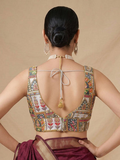 Grey Silk Embroidered V Neck Saree Blouse