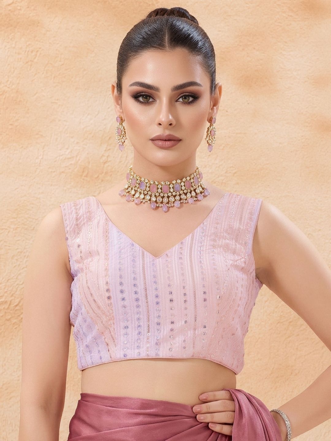 Pink Embroidered Sleeveless Saree Blouse