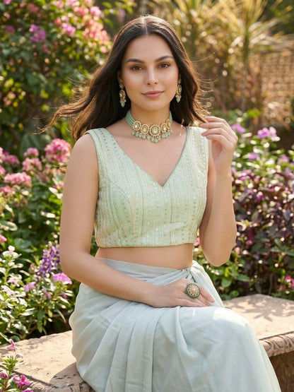Green Embroidered Sleeveless Saree Blouse