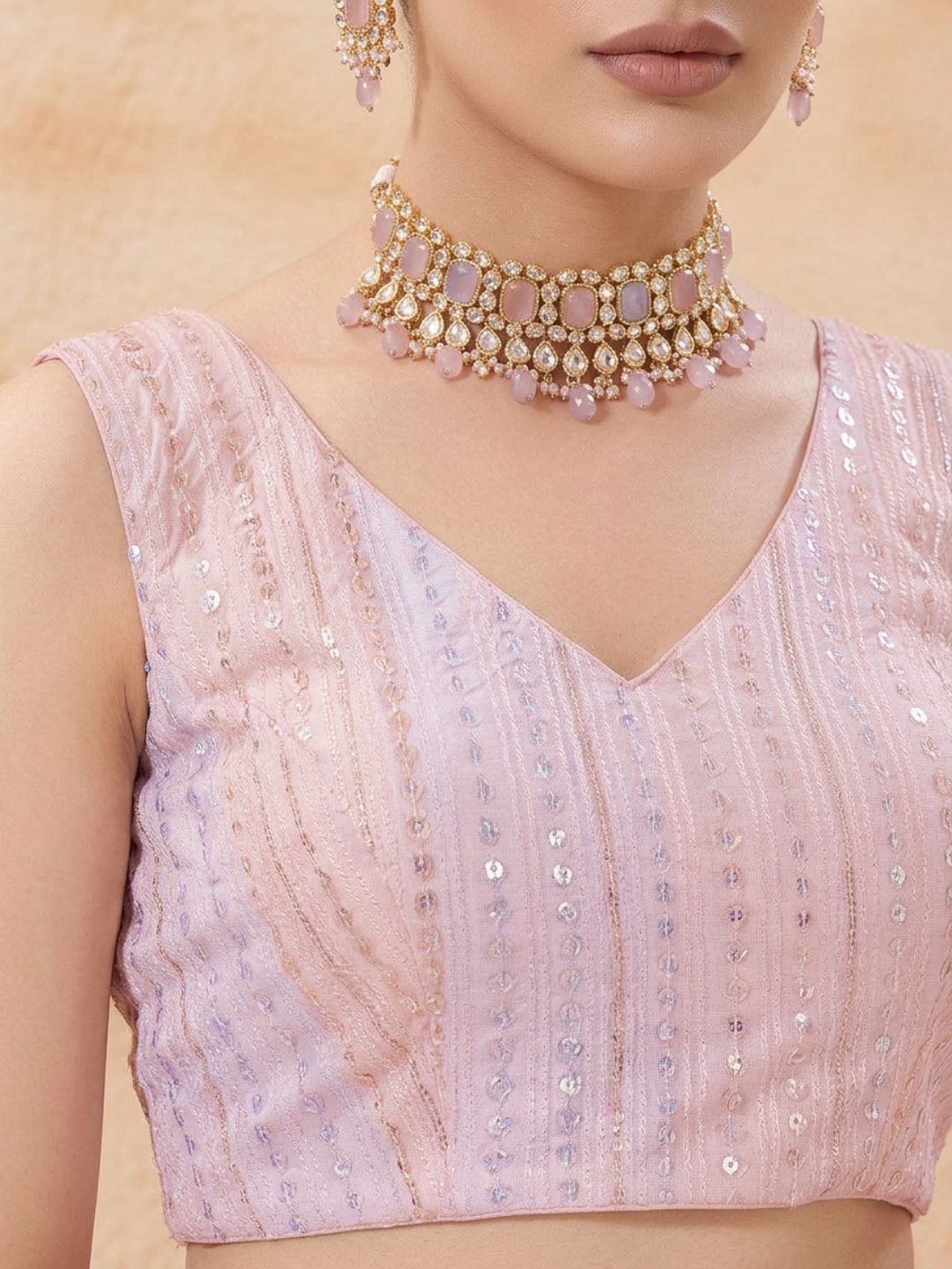Pink Embroidered Sleeveless Saree Blouse