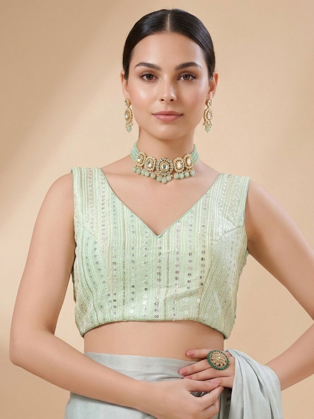 Green Embroidered Sleeveless Saree Blouse
