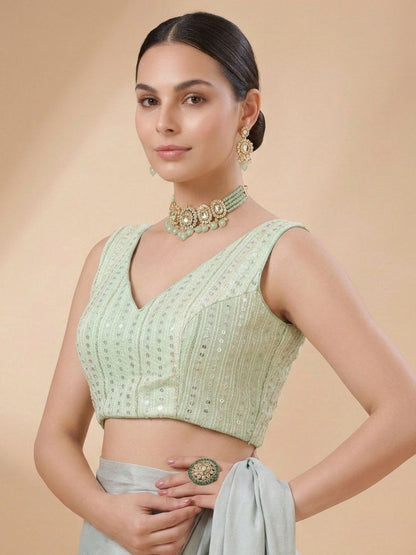 Green Embroidered Sleeveless Saree Blouse