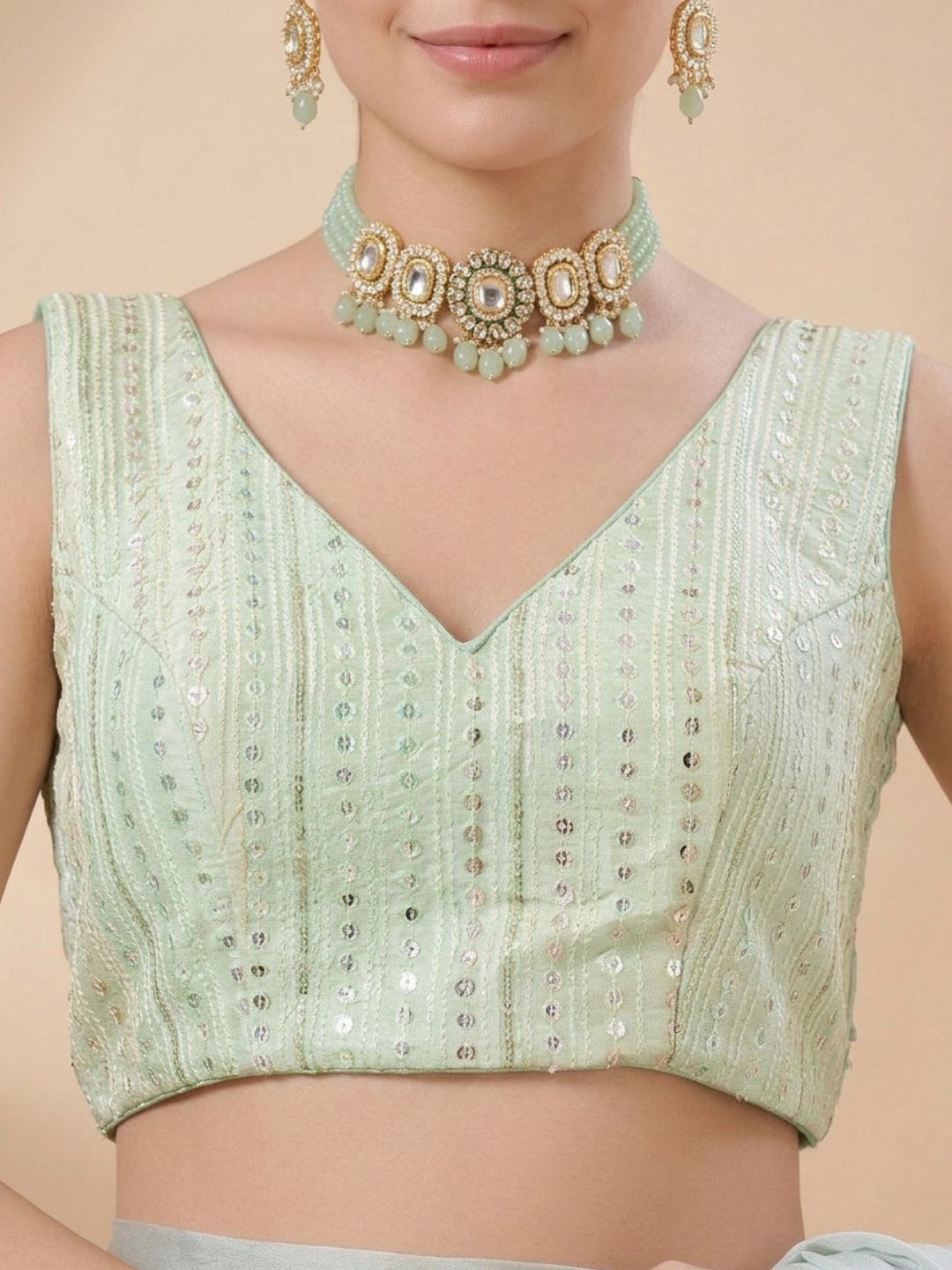 Green Embroidered Sleeveless Saree Blouse
