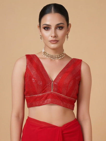Red Silk Embroidered Sleeveless Saree Blouse