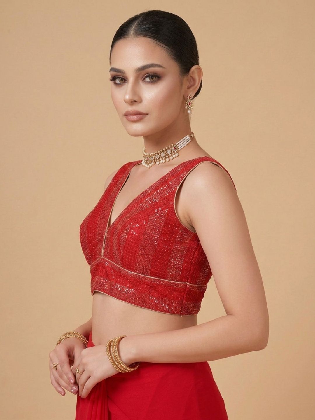 Red Silk Embroidered Sleeveless Saree Blouse