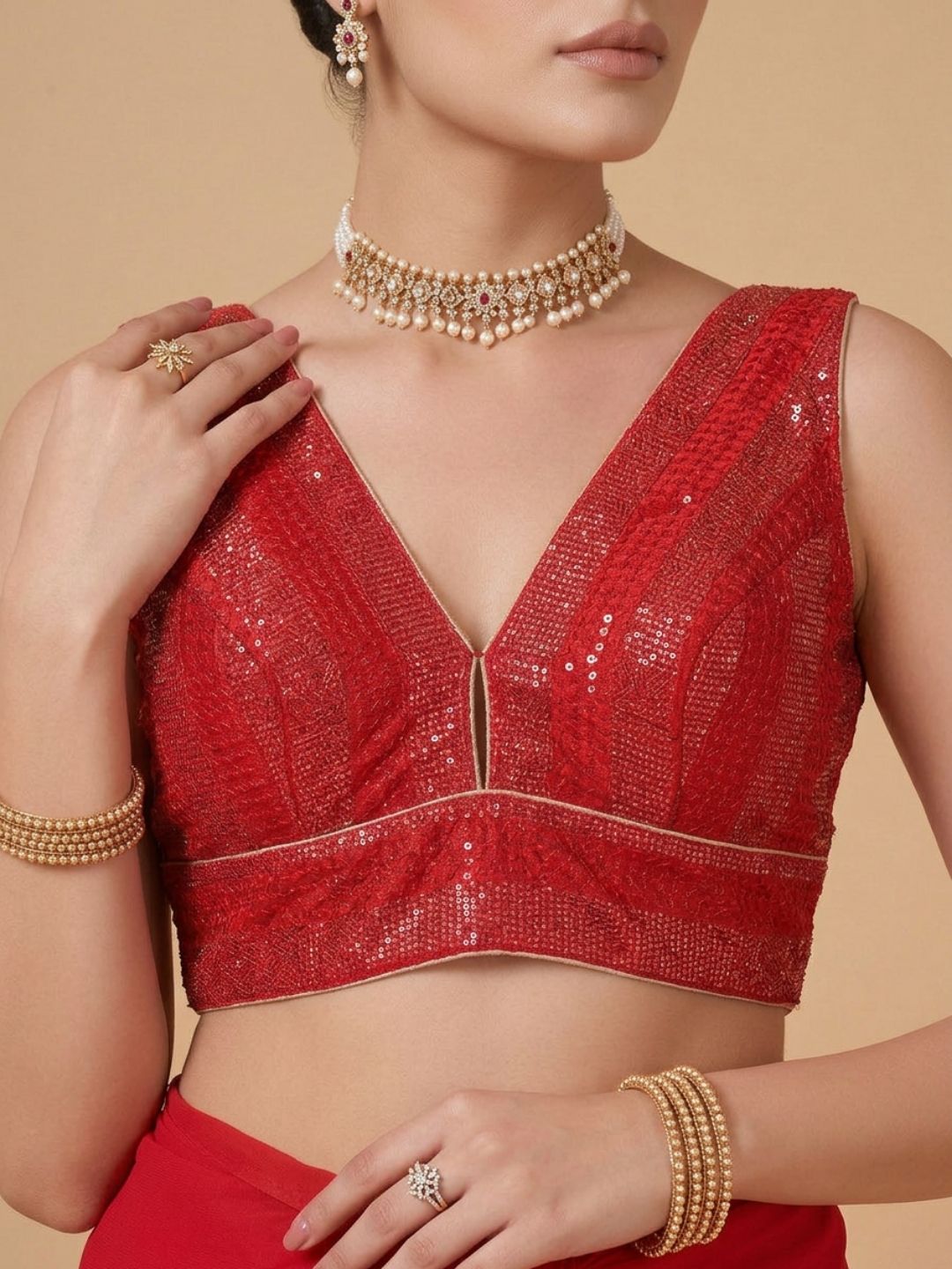 Red Silk Embroidered Sleeveless Saree Blouse