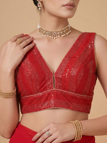 Red Silk Embroidered Sleeveless Saree Blouse