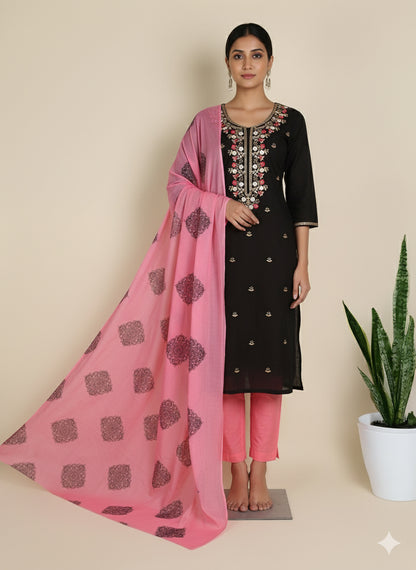 Cotton Embroidered Black & Pink Unstitched Dress Material