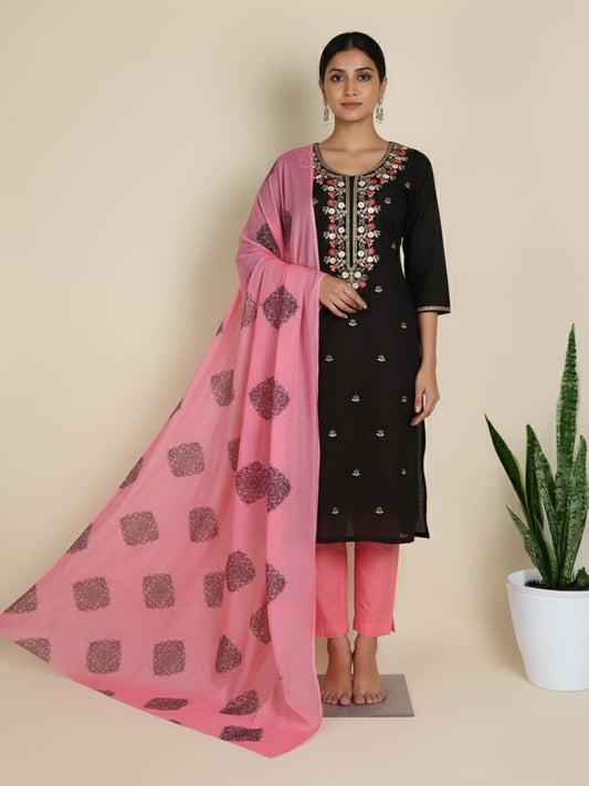Cotton Embroidered Black & Pink Unstitched Dress Material