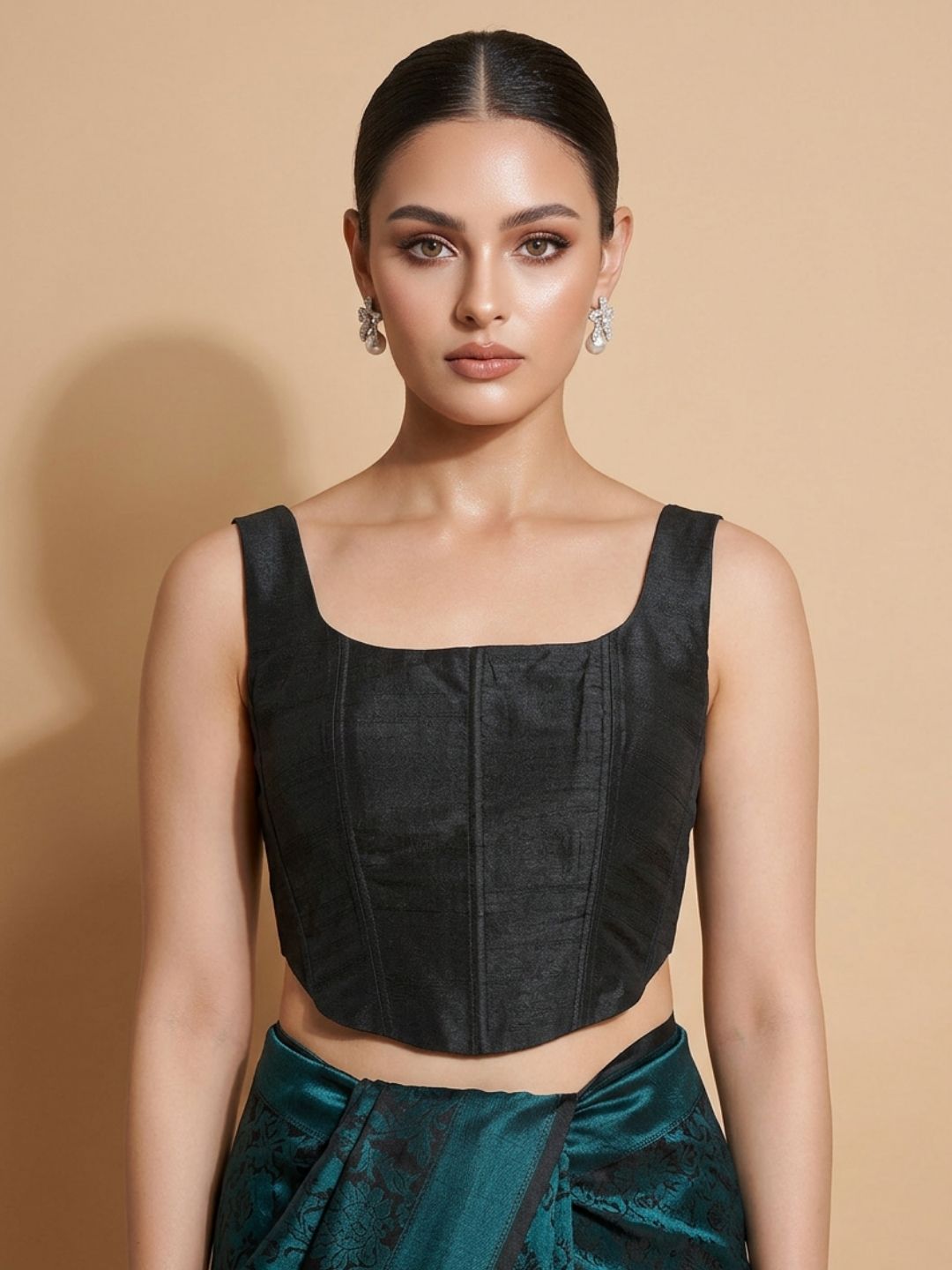 Black Silk Solid Padded Corset Saree Blouse