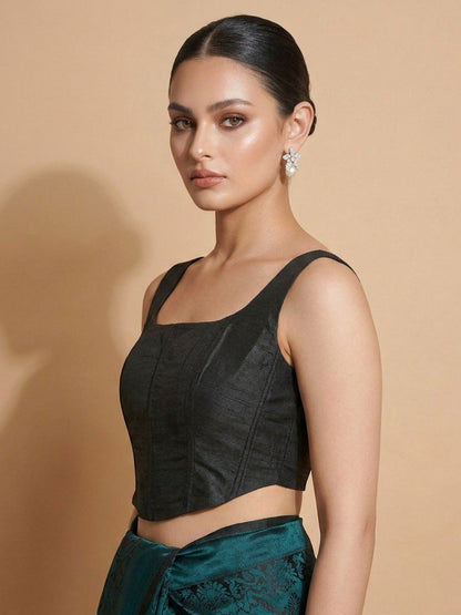 Black Silk Solid Padded Corset Saree Blouse