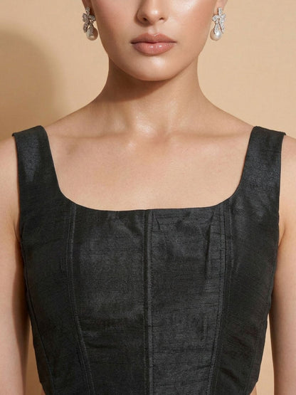 Black Silk Solid Padded Corset Saree Blouse