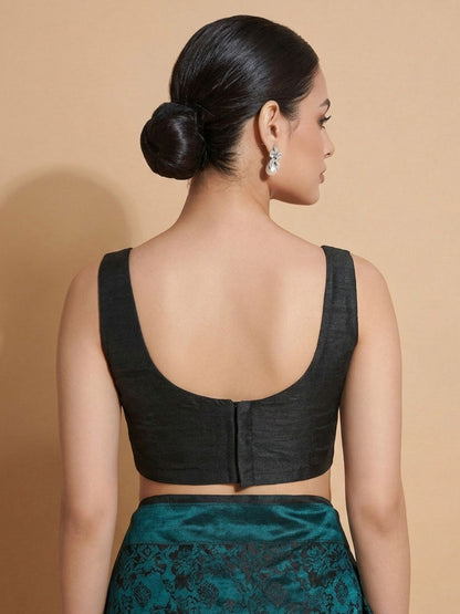 Black Silk Solid Padded Corset Saree Blouse
