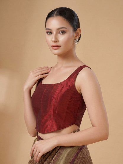 Maroon Silk Solid Padded Corset Saree Blouse