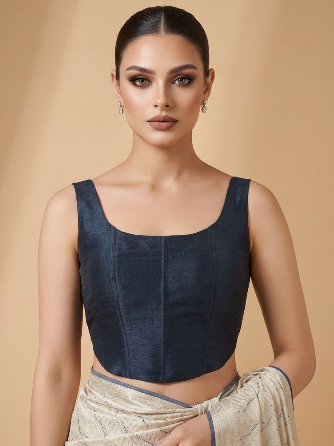 Navy Blue Silk Solid Padded Corset Saree Blouse