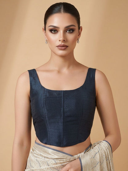 Navy Blue Silk Solid Padded Corset Saree Blouse