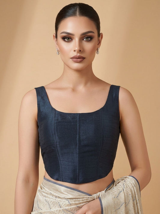 Navy Blue Silk Solid Padded Corset Saree Blouse