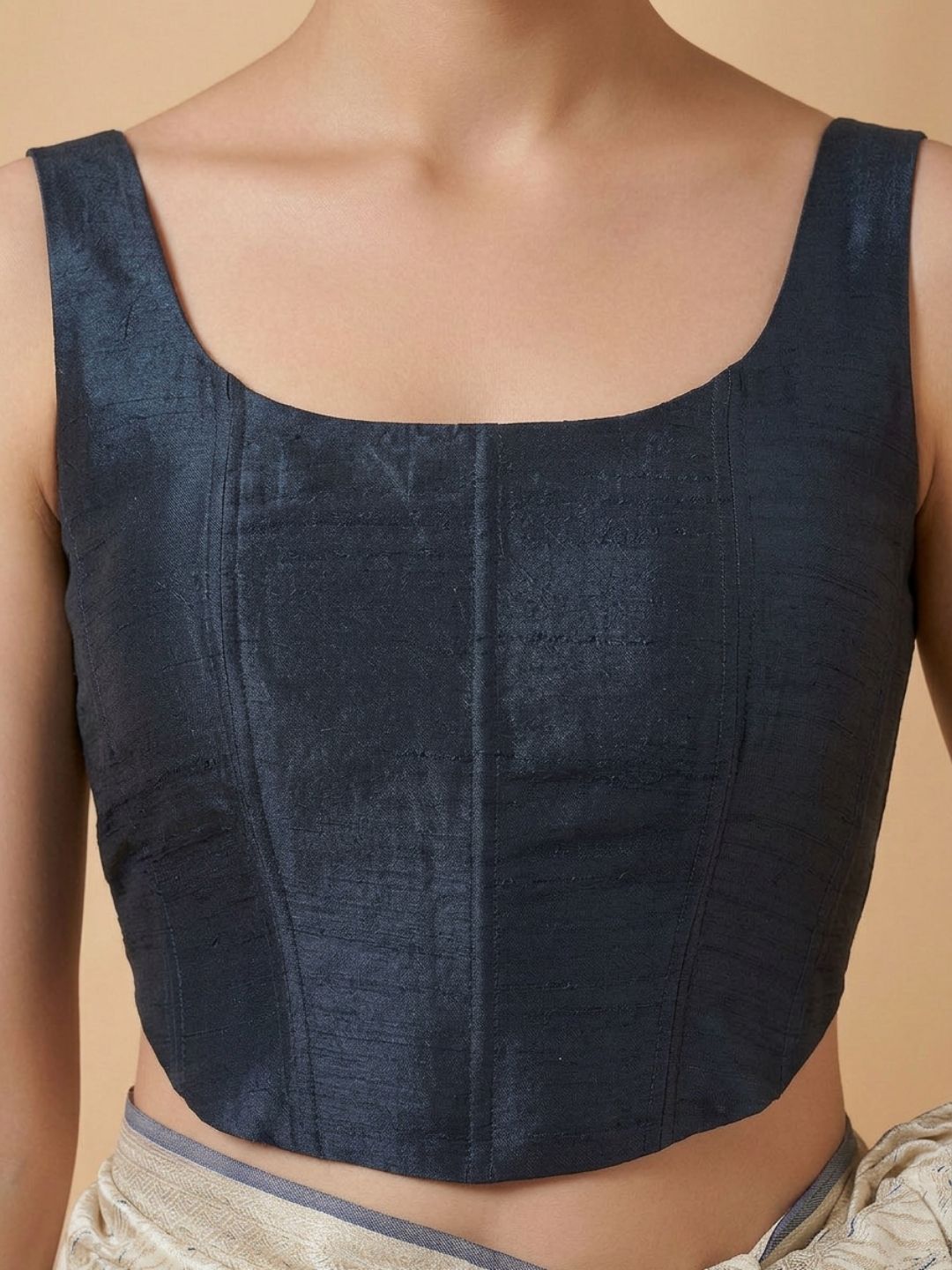 Navy Blue Silk Solid Padded Corset Saree Blouse