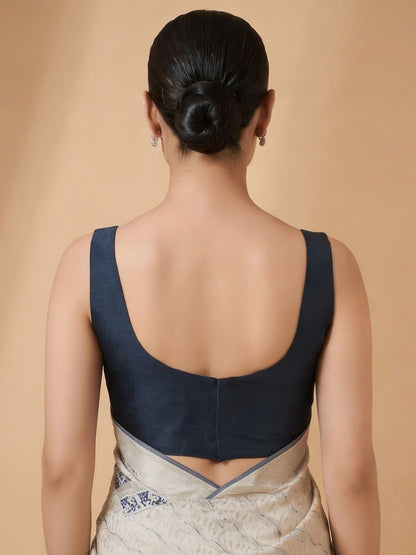 Navy Blue Silk Solid Padded Corset Saree Blouse