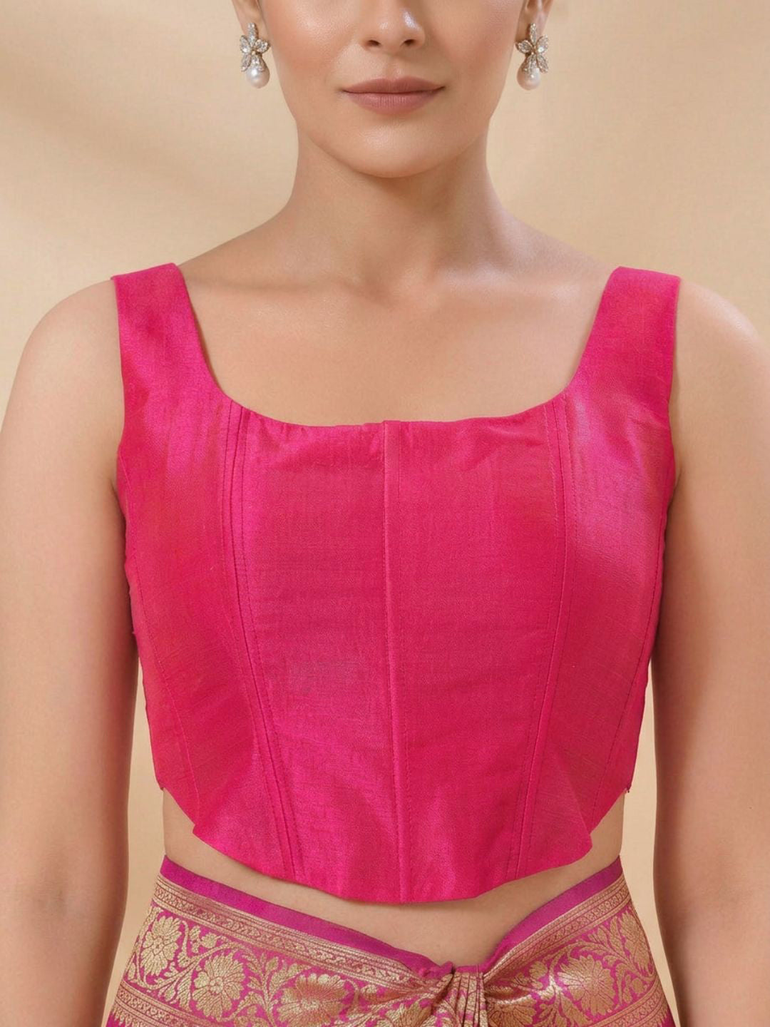 Pink Silk Solid Padded Corset Saree Blouse