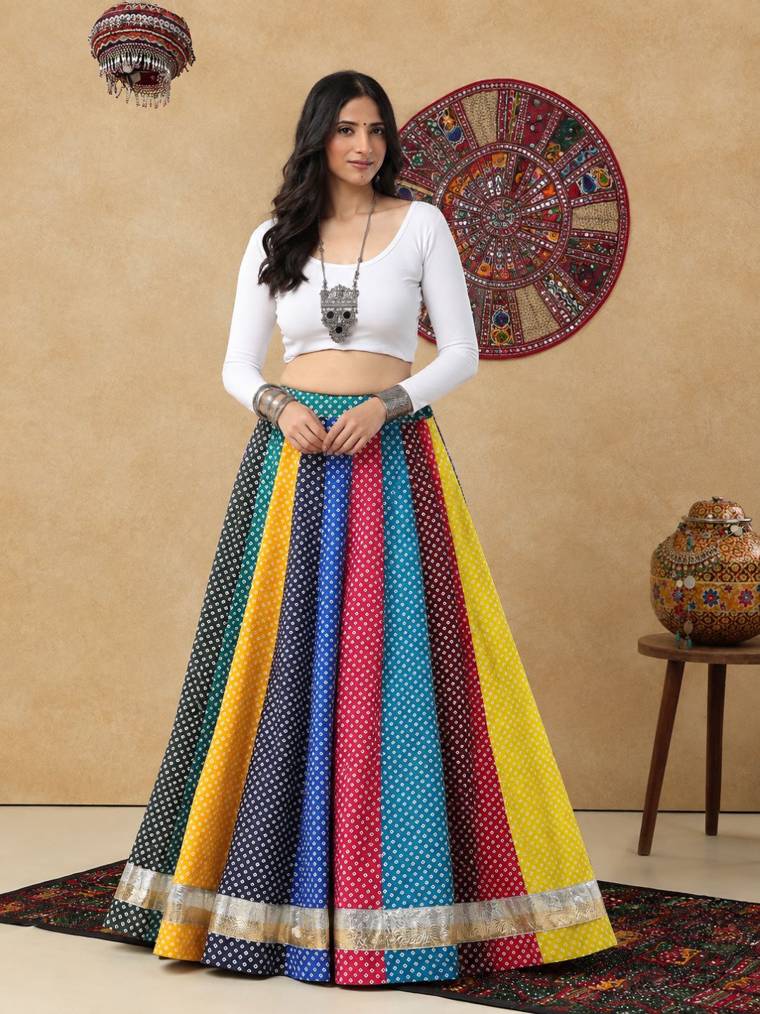 Multicolour Bandhani Printed Ready to Wear Garba Lehenga & Choli For Navratri