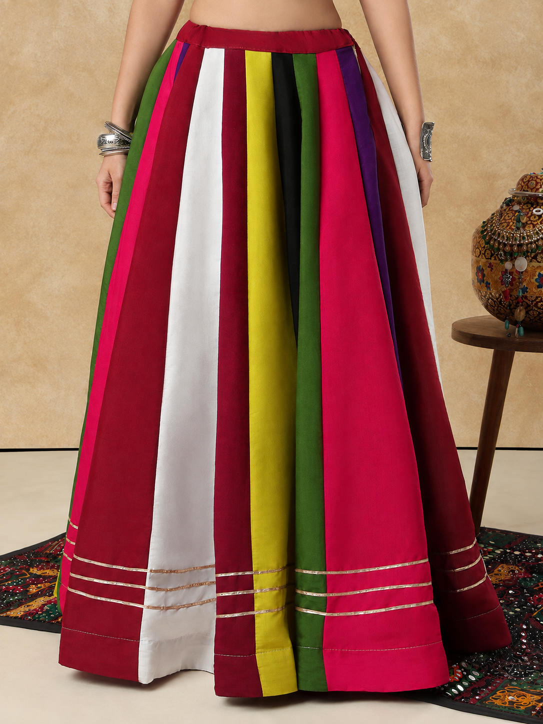 Multicolour Panelled Ready to Wear Garba Lehenga & Choli For Navratri