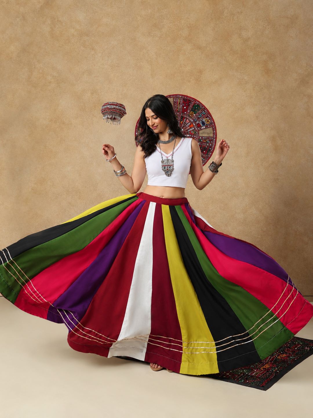 Multicolour Panelled Ready to Wear Garba Lehenga & Choli For Navratri