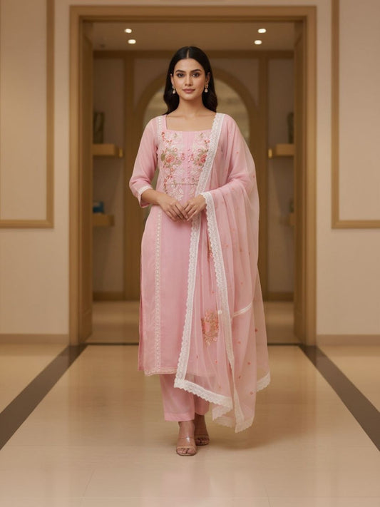 Organza Embroidered Pink Unstitched Dress Material With Dupatta