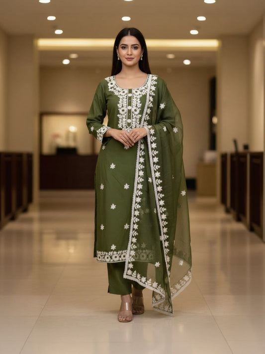Green Embroidered Silk Unstitched Dress Material