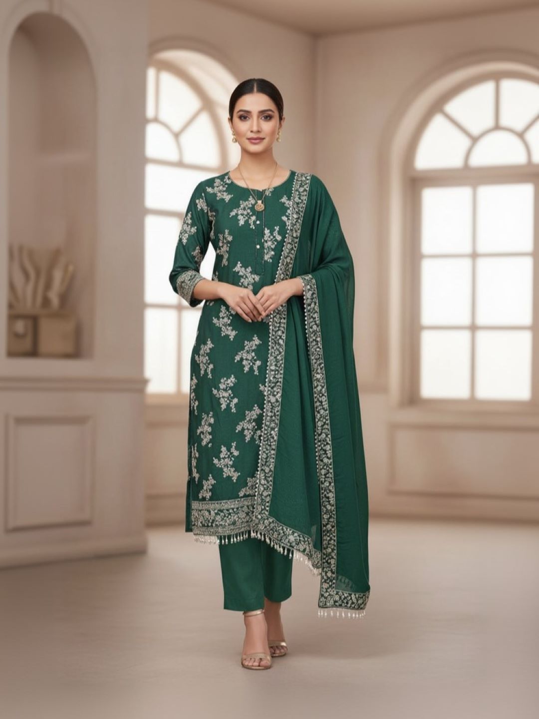 Raw Silk Embroidered Green Unstitched Dress Material With Dupatta