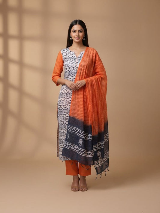 Cotton Printed White & Orange Unstitched Dress Material With Dupatta