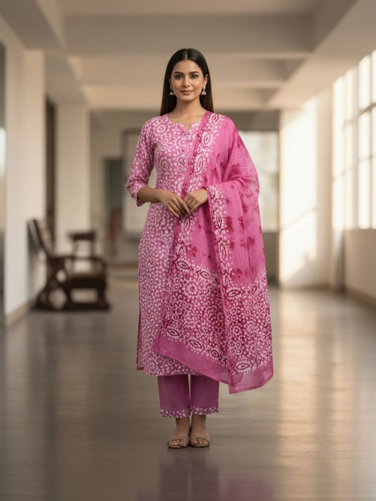 Cotton Tie & Dye Pink Unstitched Salwar Dress Material With Dupatta