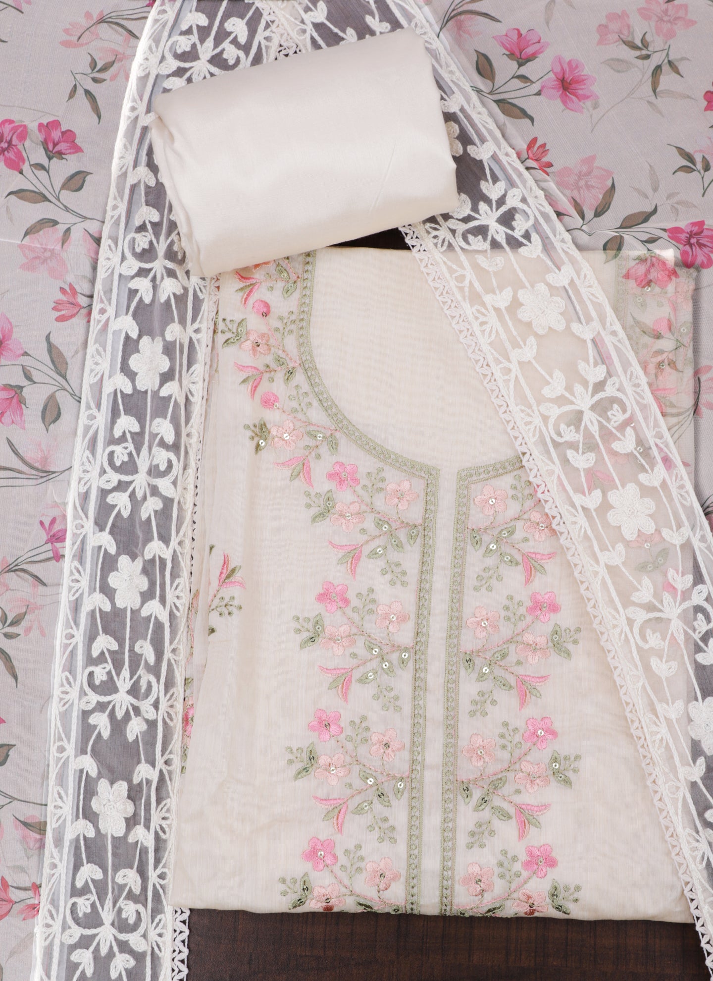 Beige Embroidered Unstitched Dress Material
