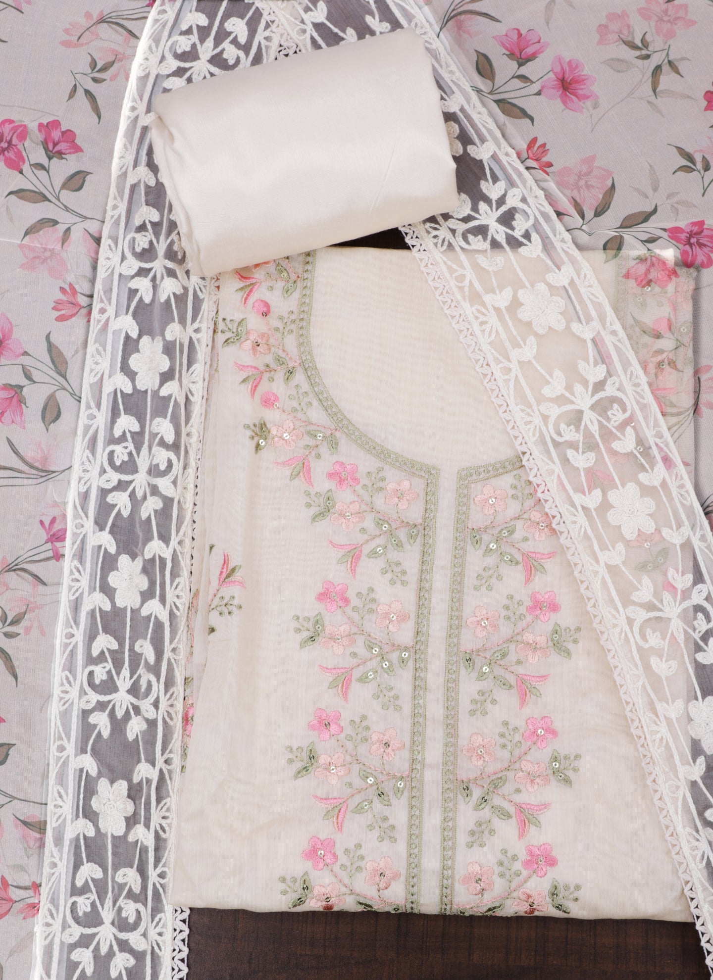 Tissue Embroidered Beige Unstitched Dress Material With Dupatta